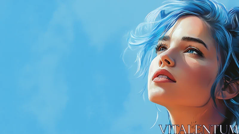 Skybound daydreamer with electric blue hair gazing upward.