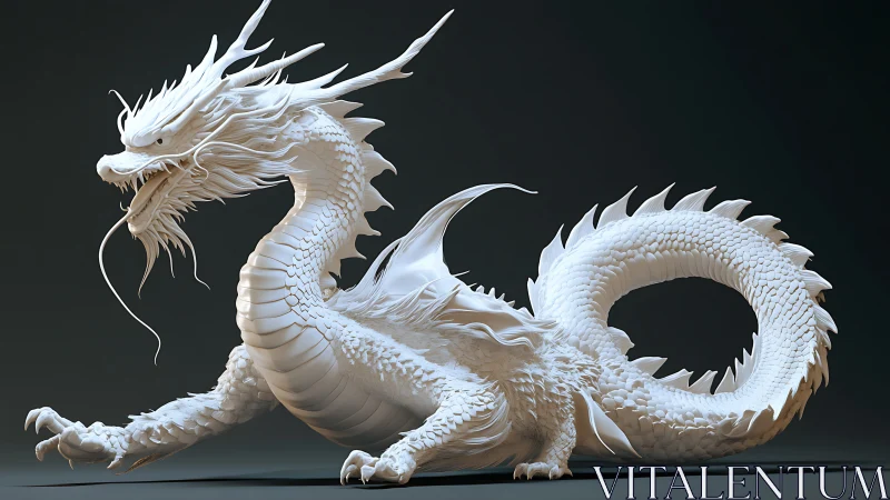Sinuous white dragon sculpture curls in elegant watchful pose