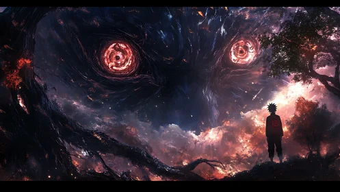 Solitary figure facing colossal swirling cosmic entity.