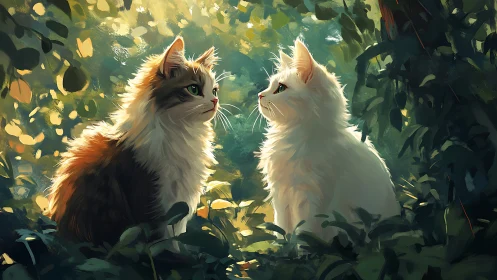 Two Long-Haired Felines in Dappled Botanical Setting.