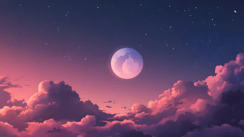 Digital moonrise over violet clouds and twilight sky.
