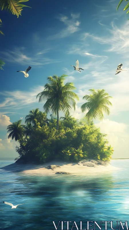 Tropical Island Sanctuary with Palm Trees and Flying Birds