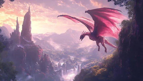 Majestic crimson dragon soars above misty fantasy kingdom.