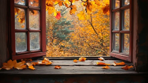 Weathered wooden window frame opening onto dense autumn foliage