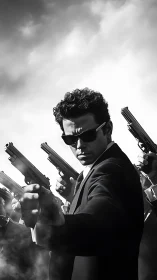 Suit-clad gunman stands defiant amid swirling gunsmoke and threat