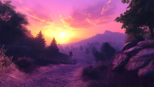 Vibrant sunset floods misty valley trail with magenta light.