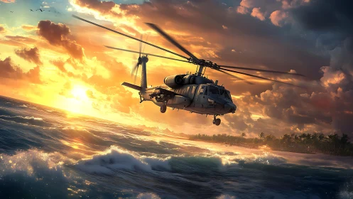 Naval utility helicopter over turbulent tropical surf at sunset.