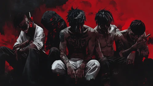 Brooding cyberpunk gang amid red smoke and darkness.