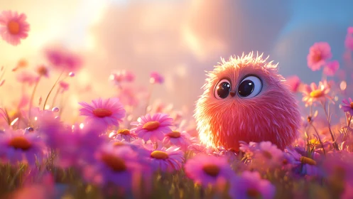 Fluffy pink creature among glowing daisy field at sunset.