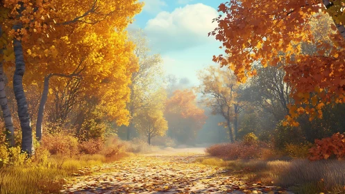 Golden Autumn Path Through Forest Canopy