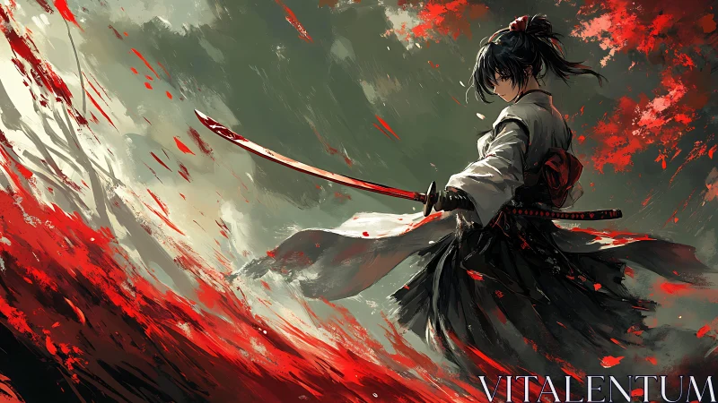 Crimson whirlwind surrounding lone samurai in motion storm.