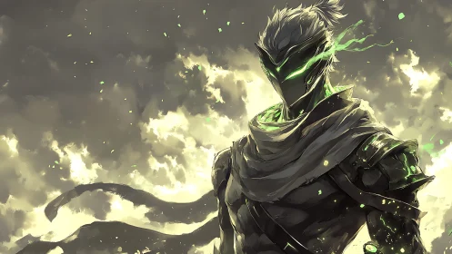 Armored rogue with neon energy aura stands before storm clouds
