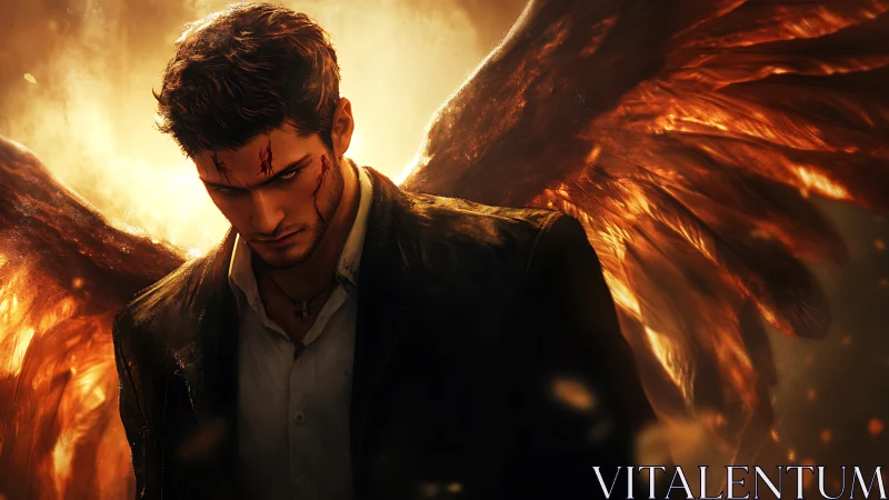 Scorched-wing fallen angel broods in molten twilight storm.