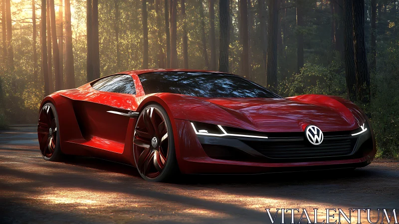 Sleek red concept car glowing softly in a quiet forest.