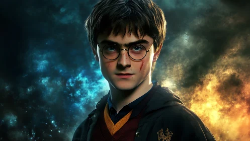 Young wizard stands defiant between storm and fire light