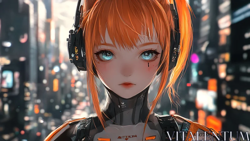 Cyborg girl with orange hair stands in blurred cityscape