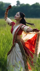 Graceful meadow dancer in red and ivory sari, sunlit in motion.