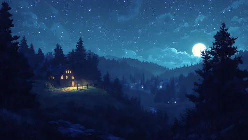 Illuminated forest cabin beneath full moon and starfield at night