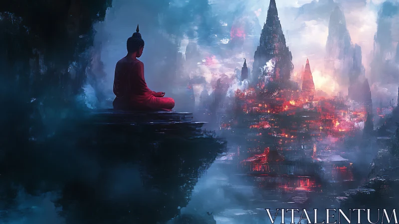 Meditating figure surveils burning citadel in spectral fogscape.