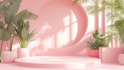 Minimalist pink podium with lush tropical indoor plants.
