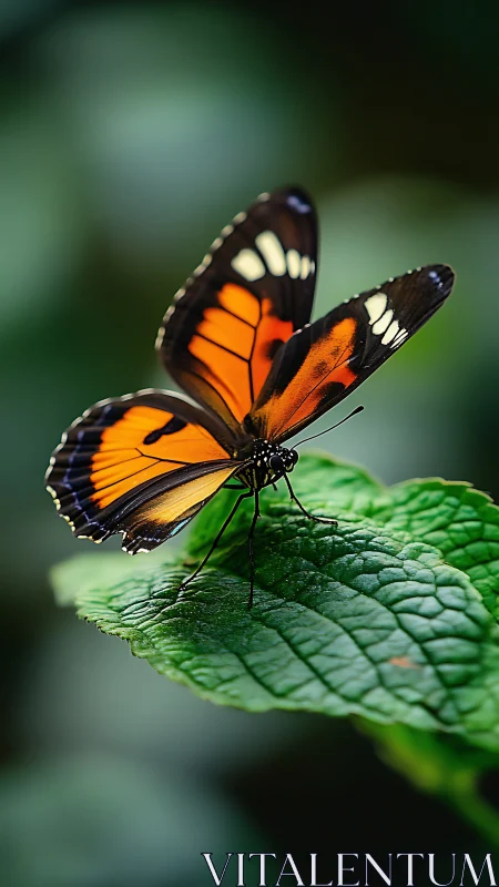 Macro study of orange-black butterfly on textured foliage.