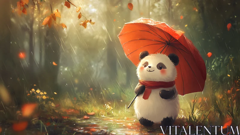 Cute panda with red umbrella in glowing autumn rain forest.