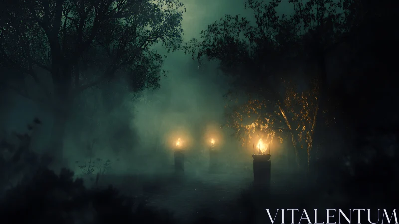 Soft lantern flames guiding a misty forest pathway.