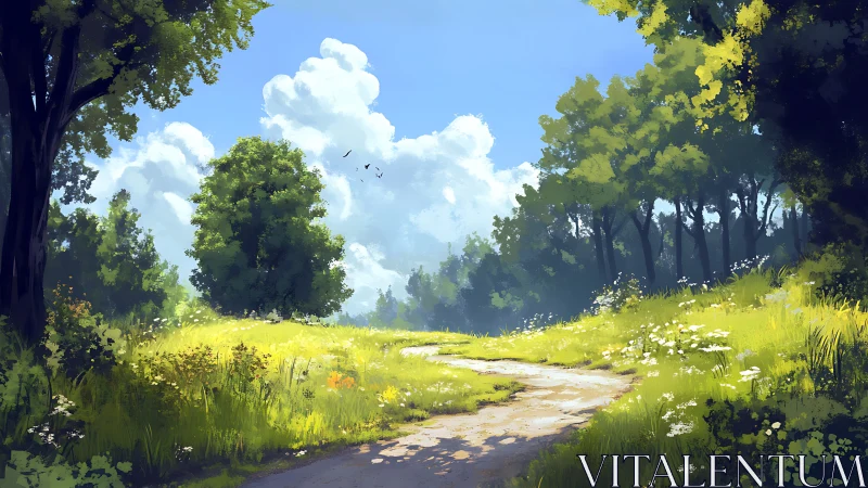 Atmospheric forest meadow rendered with volumetric lighting and deep spatial composition architectur