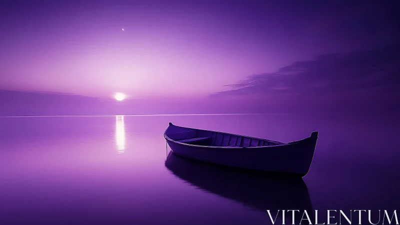 Purple monochrome seascape isolates wooden rowboat at mirrorlike dusk