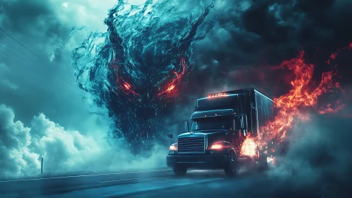 Spectral storm entity confronting incendiary highway freight rig.