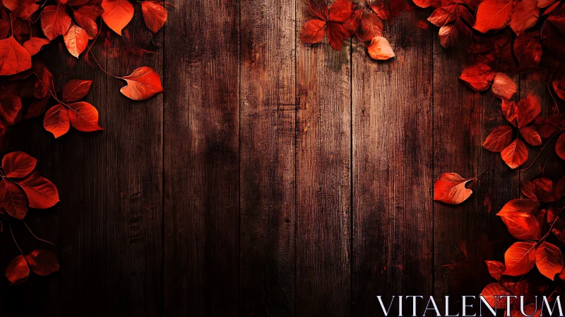 Deep brown wood background framed with vivid red leaves.