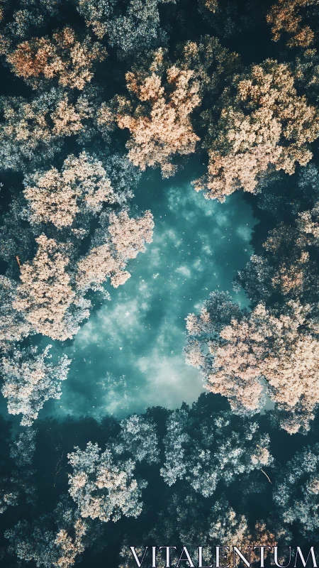 Aerial Forest Clearing Over Turquoise Water Body.