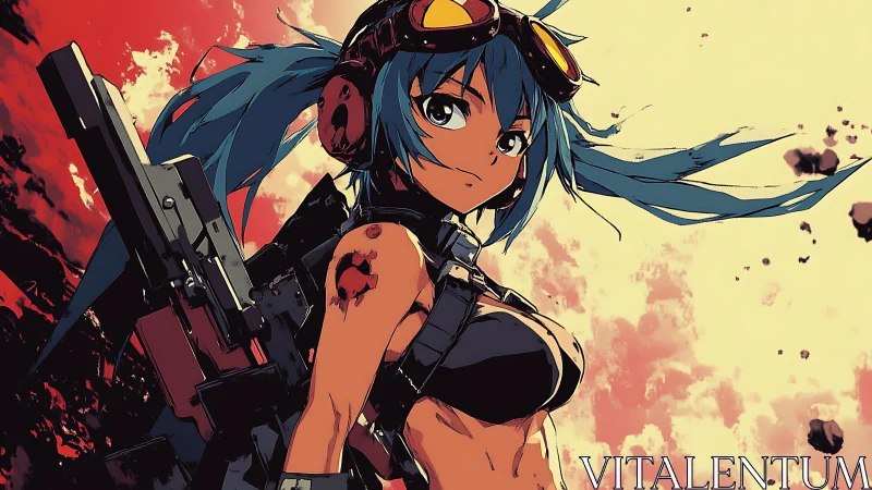 Blue haired anime soldier stands armed against red sky