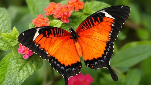 Macro study of orange butterfly wings on lantana blossoms.