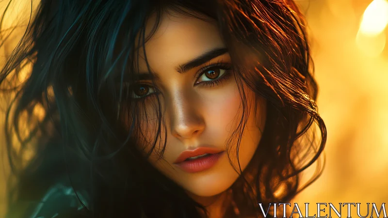 Digital portrait of intense woman in golden backlight.