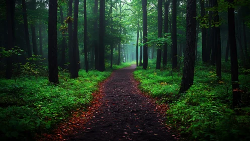 Serene forest path at dawn with lush green foliage and misty light.