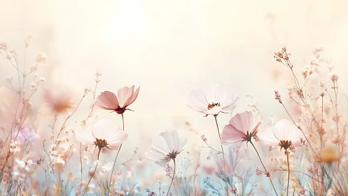 Soft-Focus Cosmos Bloom: Delicate Wildflowers in Warm Light