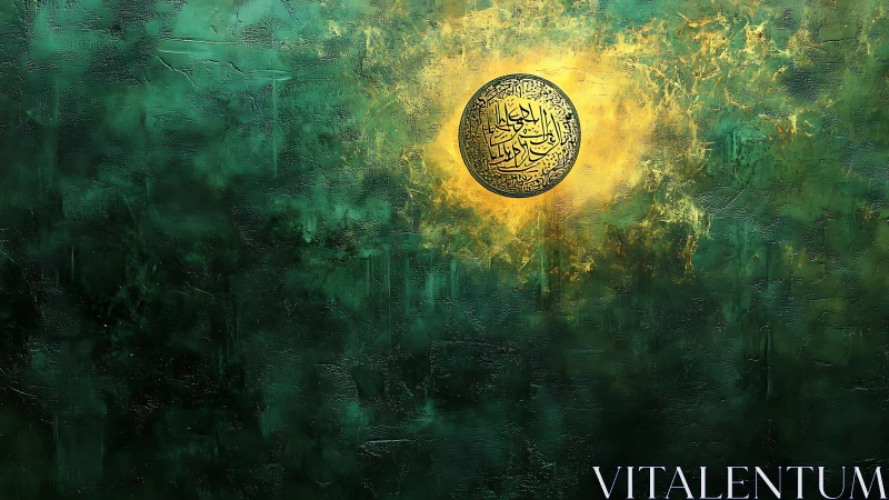 Golden Arabic medallion radiating over textured emerald field.