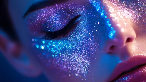 Neon glitter makeup shimmers across a dreamy close-up face.