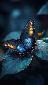 Blue butterfly rests on dewy leaf in soft moody light