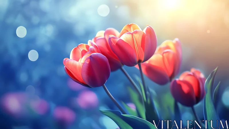 Red Tulips Rendered with Volumetric Lighting and Selective Focus Depth