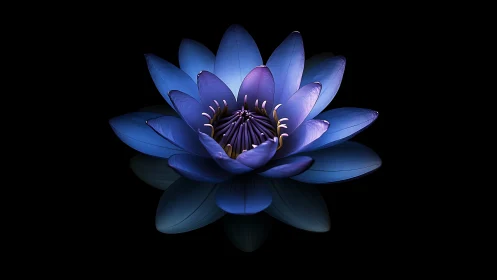 Blue lotus flower with purple center on black background