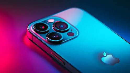 Premium smartphone with triple lens assembly and neon ambient lighting.
