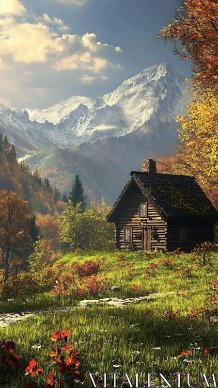 Cozy cabin daydream beneath bright autumn mountain peaks.