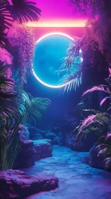 Neon ring portal illuminates synthetic jungle ravine with volumetric glow