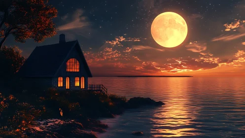 Littoral cottage under oversized lunar disk at twilight convergence.