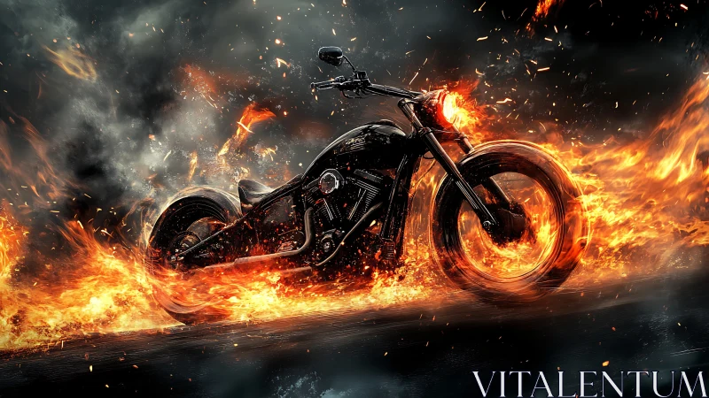 Flaming black motorcycle tears through infernal highway.