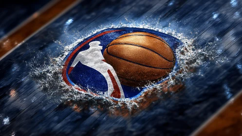 Exploding hardwood logo slings a wet, blazing basketball forward