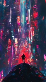 Lone figure facing neon vertical cityscape at night.