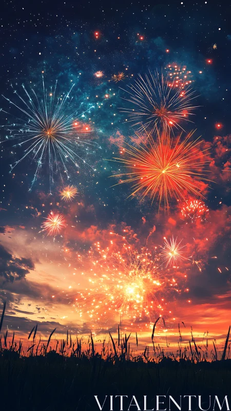 Fireworks exploding over sunset field and night sky.